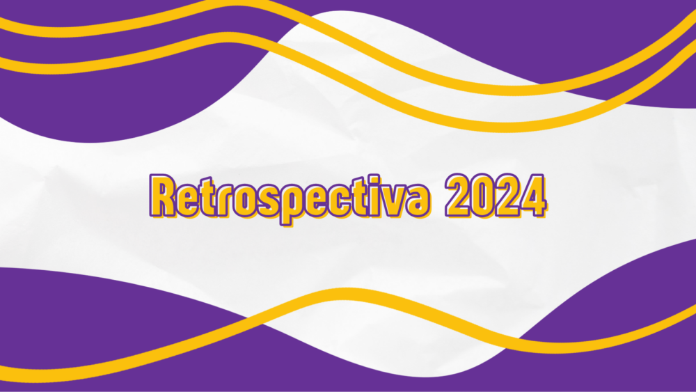 Banner com o texto "Retrospectiva 2024" envolto em formas ondulantes nas cores roxo e amarelo. O fundo tem textura de papel amassado.