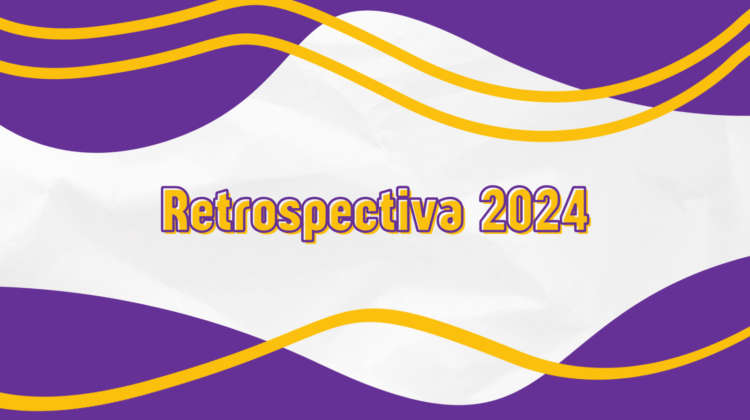 Banner com o texto "Retrospectiva 2024" envolto em formas ondulantes nas cores roxo e amarelo. O fundo tem textura de papel amassado.